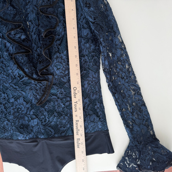 Alexis Bodysuit Womens Small Navy Lace Ruffle Pollie Illusion Long Sleeve Top - Picture 11 of 14